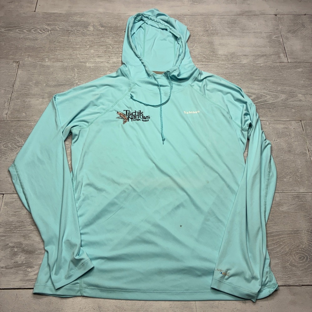 Simms SolarFlex Hoodie Mens L Blue Tikchik Narrows Lodge UPF 50 Fishing Shirt